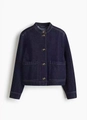 Detailed view of dark blue denim jacket with stand collar and large patch pockets - S / Blue