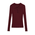 Maglione polo classico in maglia a trecce rosso vino da donna con polsini a coste - S / Borgogna