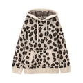 Women's leopard print hooded knit sweater with front pocket and ribbed cuffs on white background - S / Leopard Print (Picture Color)