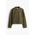 Army green utilitarian jacket with stand collar and large symmetrical pockets for women - S / Green