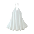 Elegant white halter neck sleeveless deep V-neck A-line dress with layered chiffon hemline - S / White