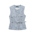 Women's blue tweed vest with elegant textured weave and matching waist belt - Azure Blue