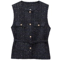 Gilet en tweed bleu marine pour femme avec boutons dorés et ceinture texturée - XS / Bleu Marine