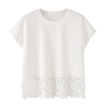 T-shirt bianca a maniche corte da donna con elegante orlo in pizzo traforato e girocollo - S / Bianco