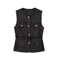 Gilet en tweed noir pour femme avec paillettes, boutons rose doré et ceinture assortie - XS / Noir