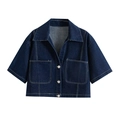 Detailed view of dark blue denim jacket with white contrast stitching and utility pockets - XS / Tops / Dark Blue