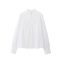 Close-up of white cotton blouse showing elegant ruffle collar and fabric covered buttons - XS / White