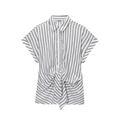 Camicia a righe a maniche corte con dettaglio nodo sull'orlo e bottoni metallici - XS / Righe Blu