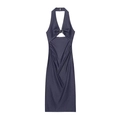 Robe midi dos nu bleu foncé avec découpe, anneau métallique et fronces sur le côté - XS / Bleu foncé