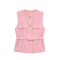 Gilet sans manches en tweed rose avec boutons dorés et ceinture de taille réglable - XS / Rose