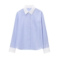 Blue and white striped shirt with contrasting white collar and cuffs for women - S / Blue & White