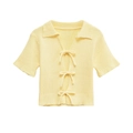 Short sleeve light yellow knit cardigan with bow tie closure and lapel collar design - S / Yellow