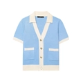 Short sleeve light blue knit cardigan with white trim and gold buttons on plain background - Tops