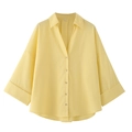 Relaxed linen blend long sleeve shirt with V-neckline and oversized rolled cuffs in yellow - Yellow