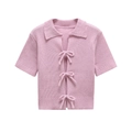 Pink short sleeve knit cardigan with bow ties and ribbed texture on white background - S / Pink