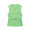 Women's textured green tweed vest with golden buttons and matching waist belt - Green