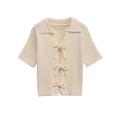 Women's cream short sleeve knit cardigan with bow ties and polo collar for spring - S / Off White