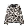 Detail view of leopard print quilted jacket with black piping and snap button closures - XS / Classic Brown Leopard Print