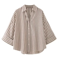 Linen blend striped long sleeve shirt with brown vertical stripes and wide sleeves - Striped