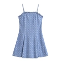 Detail of light blue denim floral dress featuring ruffled neckline and A-line cut design - Light Blue
