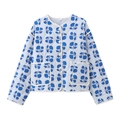 Women's light blue diamond quilted jacket with blue rose floral print and front pockets - S / Light Blue