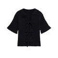 Short sleeve knit top in black featuring classic collar and three front bow ties - S / Black
