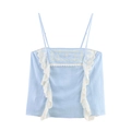 Hellblaues Camisole-Top mit weißer Blumenstickerei und zarter Spitzenverzierung - XS / Hellblau