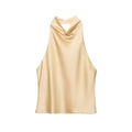 Elegant champagne satin halter top with draped neckline and button closure on white background - Light Yellow
