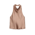Elegante top a lupetto in raso champagne con scollo a cappuccio drappeggiato e lucido - XS / Cachi