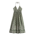 Bohemian olive green halter maxi dress with white paisley embroidery and V-neck line - XS / Green