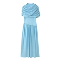 Elegant light blue sleeveless mesh dress with draped scarf neckline and pleated skirt - S / Sky Blue