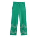 Grüne Damen-Leinenhose mit geradem Bein und weißer Blumenstickerei am Saumrand - XS / Grüne Hose