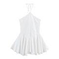 Elegantes weißes Neckholder-Kleid mit Spitzenstickerei und Faltenrock für den Sommer - XS / Weiß