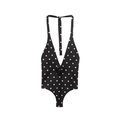 Detailed view of polka dot halter swimsuit with a 3D floral rose applique on the waist - XS / One-Piece Swimsuit With 3D Flower / Black Polka Dot