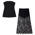 Modisches schwarzes zweiteiliges Set mit Tube-Top und Rock mit Spitzen-Patchwork - S / Schwarz