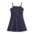 Robe longue en jean bleu foncé avec col à volants et coupe trapèze pour femmes - S / Bleu foncé