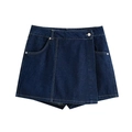 Minimalist dark blue denim skort for women featuring an asymmetrical wrap and metal button - XS / Bottoms / Dark Blue