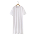 Minimalist white short sleeve cotton maxi dress with side slits and crew neck design - S / White