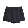 Women's black denim wrap skort with high waist design and decorative gold metal buttons - XS / Bottoms / Black