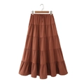 Red brown tiered A-line maxi skirt with elastic high waist and drawstring design - S / Brown