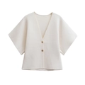 Minimalistisch crème gebreid vest met korte mouwen, V-hals en amberkleurige knopen - S / Wit