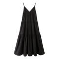 Vestido midi negro con capas, escote en V y tirantes finos con detalles de pliegues - XS / Negro