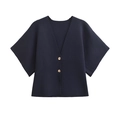 Donkerblauw gebreid vest met V-hals, korte mouwen en gouden metalen knopen voor dames - S / Marineblauw