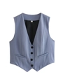 Gilet sartoriale minimalista da donna con scollo a V color lavanda e quattro bottoni - S / Blu Grigio