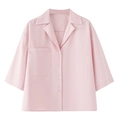 Lichtroze shirt met korte mouwen, V-hals en borstzak voor een minimalistische voorjaarsstijl - XS / Tops
