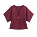 Minimalistisch bordeauxrood gebreid vest met V-hals, schildpadknopen en brede mouwen - S / Bordeauxrood