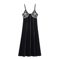 Damen Sommerkleid in Schwarz mit weißer floraler Spitzenstickerei und Ziernähten - XS / Schwarz