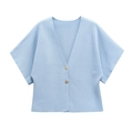 Light blue short-sleeved knit cardigan with a V-neck and decorative dark buttons - S / Light Blue