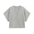 Short grey knit cardigan with V-neck, two brown buttons and wide batwing sleeves - S / Light Gray