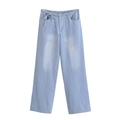 Women's light blue washed denim set with drawstring elastic waist and wide leg cut - XS / Jeans